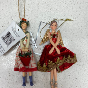 2 ASST'D COUNTRY FOLK ANGELS IN RED/WHITE DRESSES, WITH BASKET/BUCKET, HOLLY ACCENTS, RESIN ORNS #5