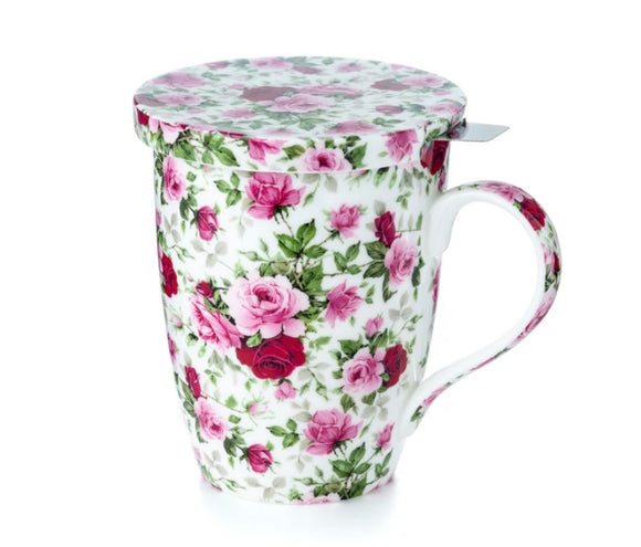 Red & Pink Roses Tea Mug with Infuser and Lid