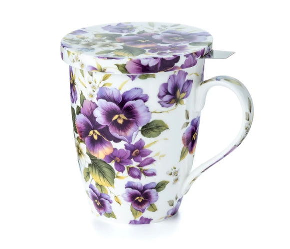 Purple Pansies Tea Mug with Infuser and Lid