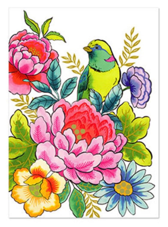Colourful bird with peonies, BD