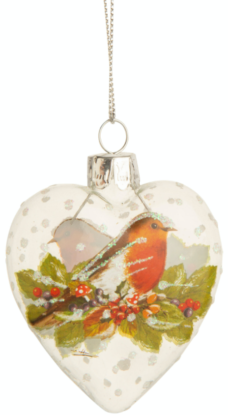 Glass Heart Ornament With Robin
